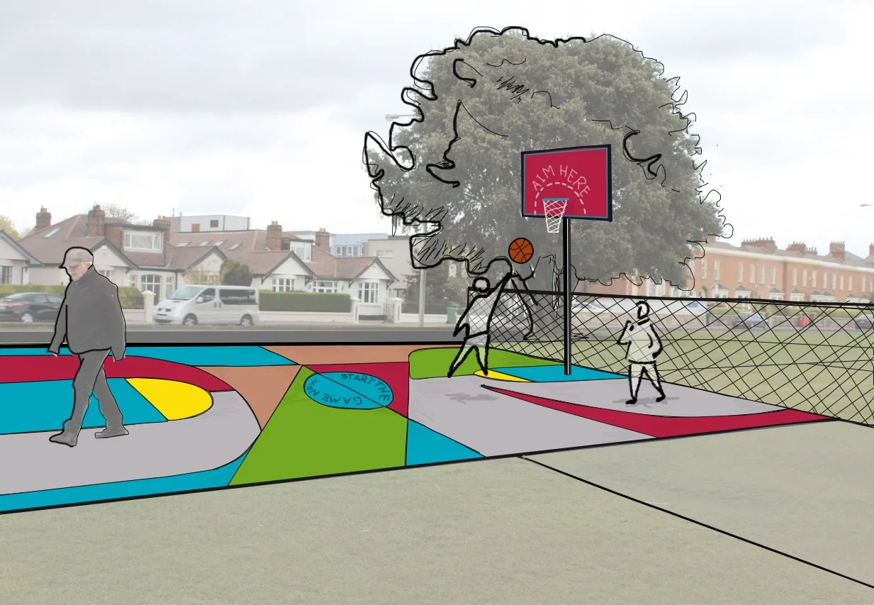 Concept illustration for a colourful public realm intervention combining play, movement and architecture